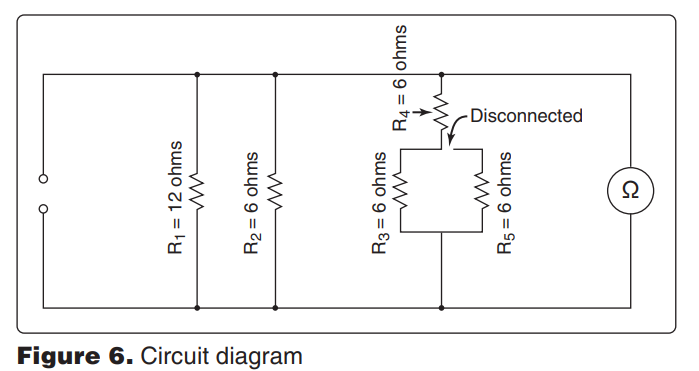 <p>8025. (Refer to Figure 6.) If resistor R5 is disconnected at the junction of R4 and R3 as shown, what will the ohmmeter read? </p><p>A—2.76 ohms. </p><p>B—3 ohms. </p><p>C—12 ohms.</p><p></p>