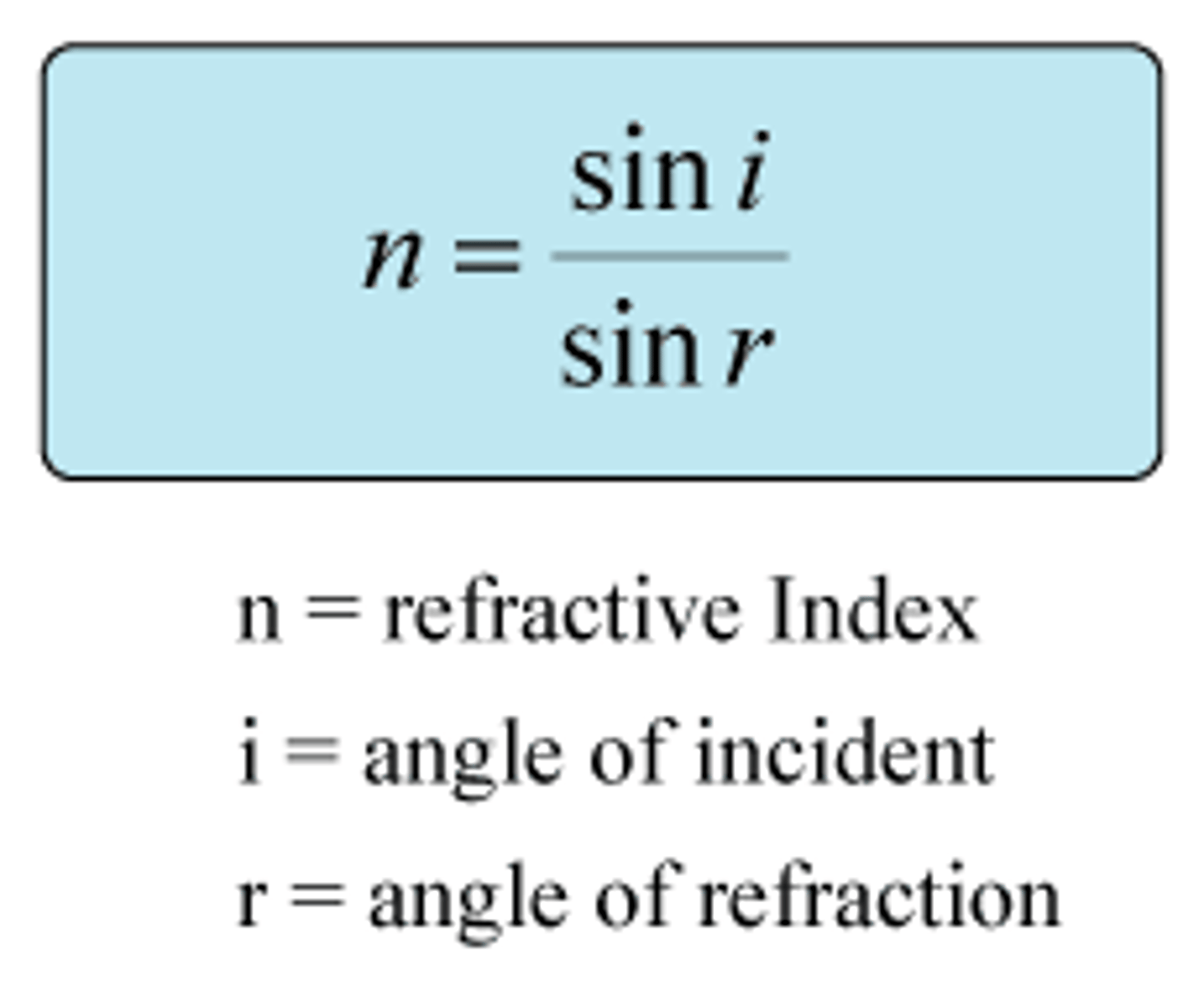 <p>1) The incident ray, the refracted ray, and normal all lie in the same plane.<br>2) The angle of incidence and the angle of refraction are related by snells law (n = index of refraction)<br><br>n = sini / sinr</p>