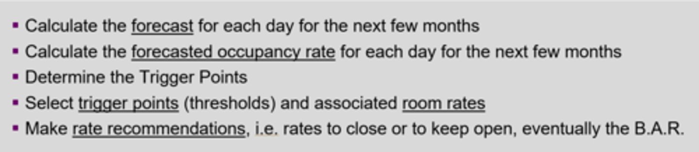 <p>Helps decide when to change your rate based on expected demand.</p><p>When your forecast, or estimated demand is above a certain level, you will close (or raise) room rates.</p>