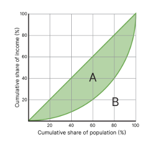 <ul><li><p>a value that measures income or wealth inequality, in a value ranging from 0 (perfect equality) to 1 (perfect inequality) using the lorenz curve</p></li><li><p>it does this by finding the area between the perfect equality line and the country’s actual line</p></li><li><p>the formula is A/(A+B)</p></li></ul><p></p>