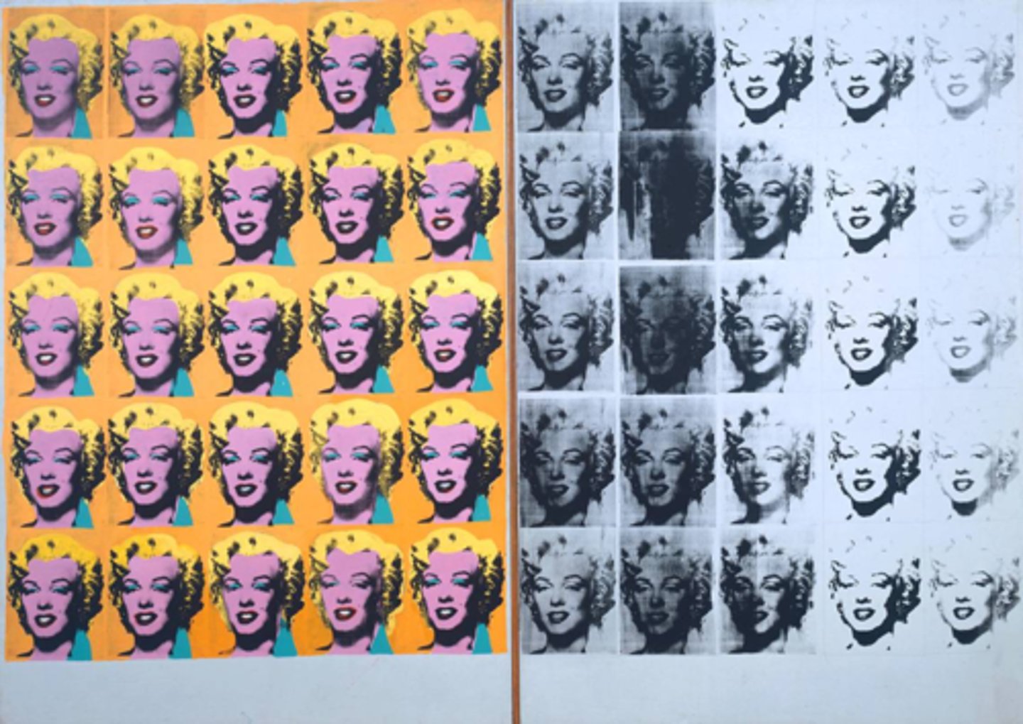 <p>1962. Andy Warhol. Oil, acrylic, silkscreen enamel on canvas. Popart<br>Silkscreen<br>Doll-like woman, doesnt have a particular expression. Commodity, prop<br>Emotionally flat, autmoated<br>Title references religious paintings (diptychs and triptychs)<br>Hyperbolically saturated, cartoonish<br>Cult of the celebrity<br>Repetition of her image decreases the impact of the original.<br>Left is her life, black and white might be her death'<br>Figures have become super commercialixed'<br>Called his work "the factory</p>