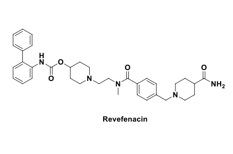 <ul><li><p>revefanacin = long acting muscarinic antagonist (&gt;24 hr) for treatment of COPD (<strong>inhalation</strong>)</p></li><li><p>similar affinity to the subtyles of muscarinic receptors M1 to M5</p></li><li><p>in the airways, exhibits pharmacological effects thru inhibition of M3 receptor at the smooth muscle leading to broncho<u>dilation</u></p></li></ul><p></p>
