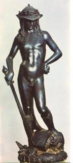 <p>Donatello, bronze David and Goliath c1440</p>