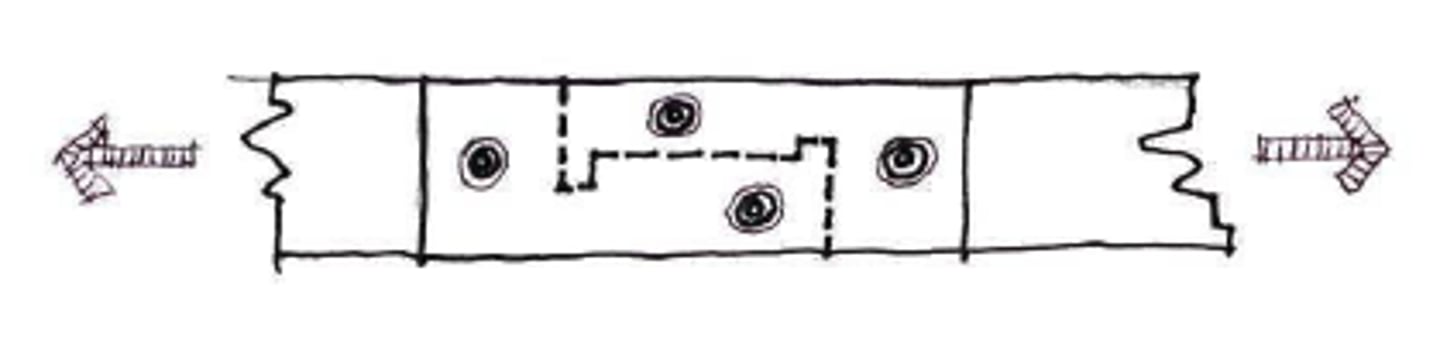 <p>SPLICE</p><p>This is a modification of the compression halved splice. It has an extra notch to keep it from slipping and is usually used in combination with scabs or fishplates. A splice for tension.</p>