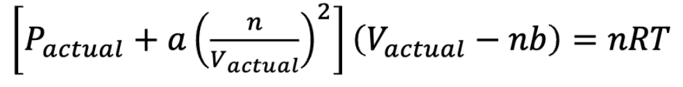 <ul><li><p>Constants:</p><ul><li><p>a = increases as IMFs increase&nbsp;</p></li><li><p>b = increases as size increases</p></li></ul></li></ul><p></p><p>a(n/vactual)² corrects for the fact that Pactual is lower than that predicted by the ideal gas law due to IMFS</p><p>b corrects for the fact that Vactual is greater than predicted by ideal gas law due to the size of the particles </p><p></p>