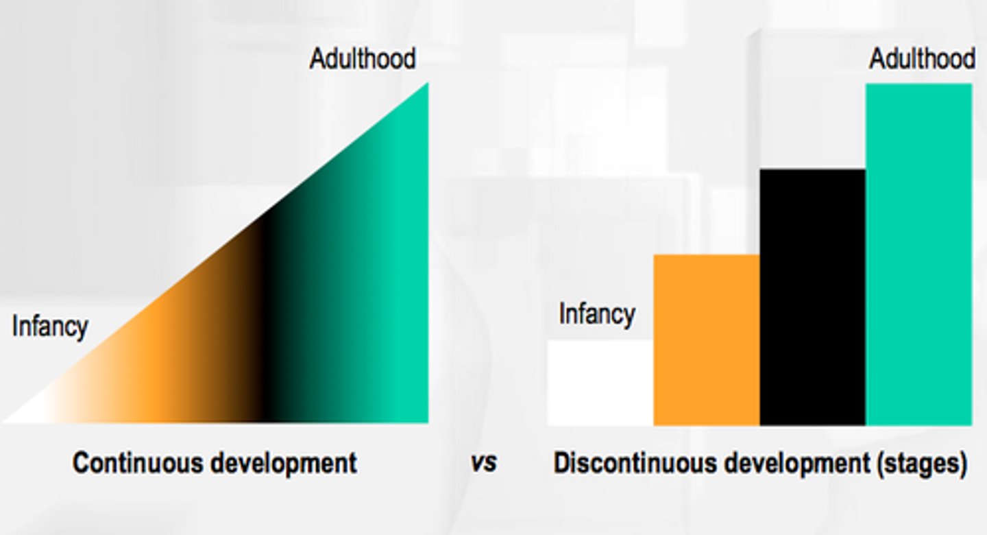 <p>refers to developmental changes that are slow and steady, where each step builds directly on the previous ones.</p><p>in contrast, stage theories propose that development happens in specific, sudden shifts that clearly differentiate one phase from another.</p>