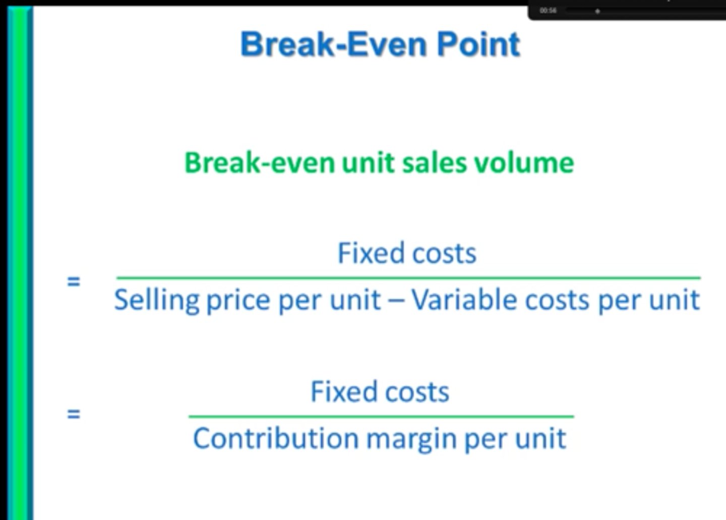 <p>Total fixed costs / unit contribution</p>