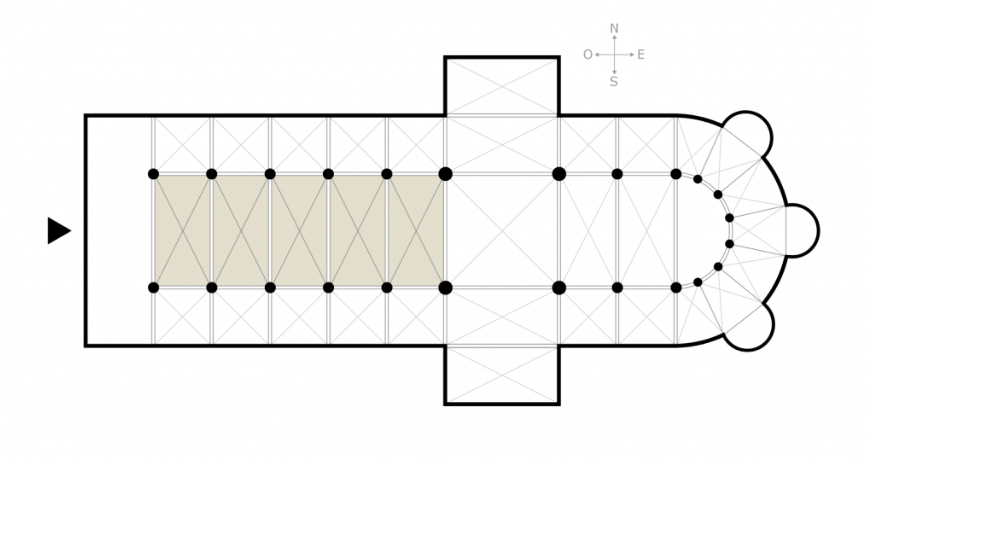 <p>the central space of a church. In a basilica church, the nave is usually flanked by aisles&nbsp;</p><ul><li><p>central aisle</p></li><li><p>the wider, central aisle of a basilica</p></li></ul><p></p>