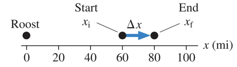 <ol><li><p>make line graph depicting the initial and final positions of the bird </p></li><li><p>use velocity formula: v = final - initial / time = 20 mi / 0.25 h = 80 mph </p></li></ol><ul><li><p>the velocity is positive, which makes sense because the line graph shows motion to the right. </p></li></ul><p></p>