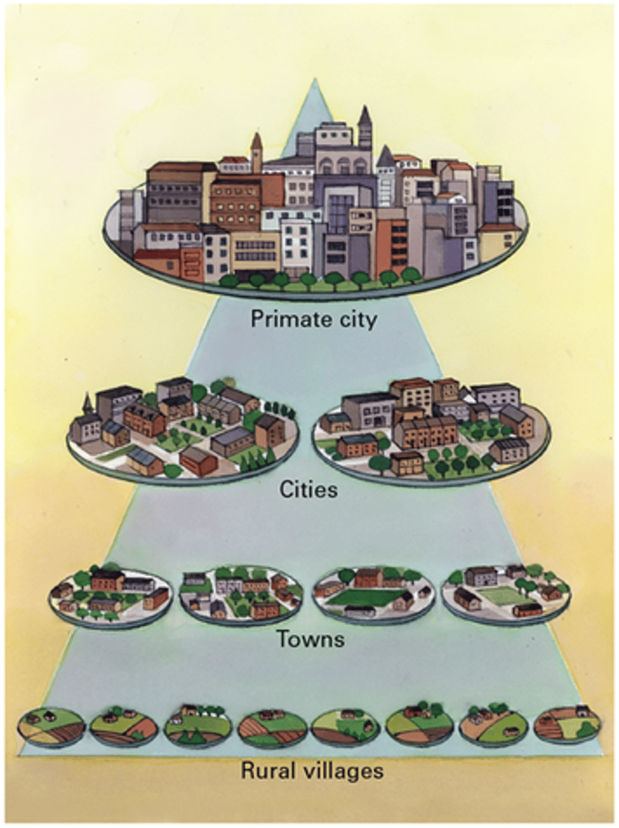 <p>a ranking of settlements according to their size and economic functions.</p><p>ex: according to size and economic functions.</p>