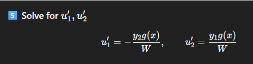 <ol><li><p>solve the homogenous equation<br>yh = c1y1 + c2y2</p></li><li><p>Assume a particular solution <br>yp = mu1(x)y1 + mu2(x)y2</p></li><li><p>(u1’y1 + u2’y2 = 0<br>(u1’y1’ + u2’y2’ = g(x)</p></li><li><p>compute the wronskian<br>W = y1y2’ - y1’y2</p></li><li><p>solve for mu1’ and mu2’</p></li><li><p>Integrate the mu’s<br></p></li></ol><p></p>