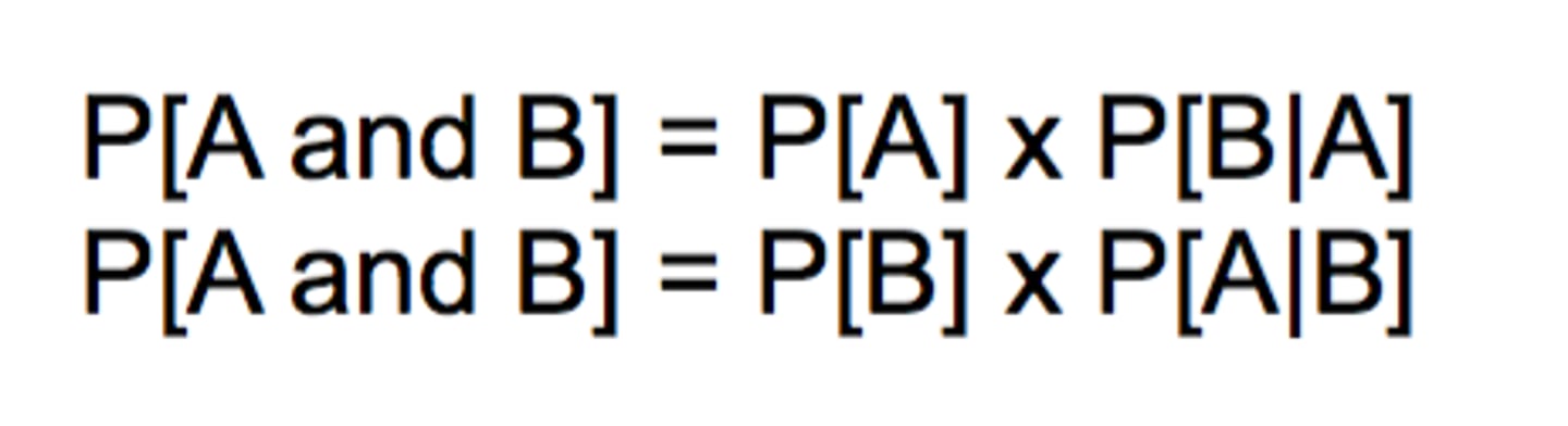 <p>- Find the probability of 2 or more events occurring together</p><p>E.g. If a patient has 2 siblings and a 1/4 chance that a sibling is a suitable stem cell transplant donor, what is the probability that either sibling will be a match?</p><p>1-[1-(1/4) * 1-(1/4)]</p><p>1-[3/4*3/4]</p><p>1-[0.5625]</p><p>0.4375 = 43.75%</p>