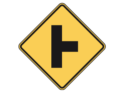 <p>Another road enters the road you’re traveling on the direction shown.</p>