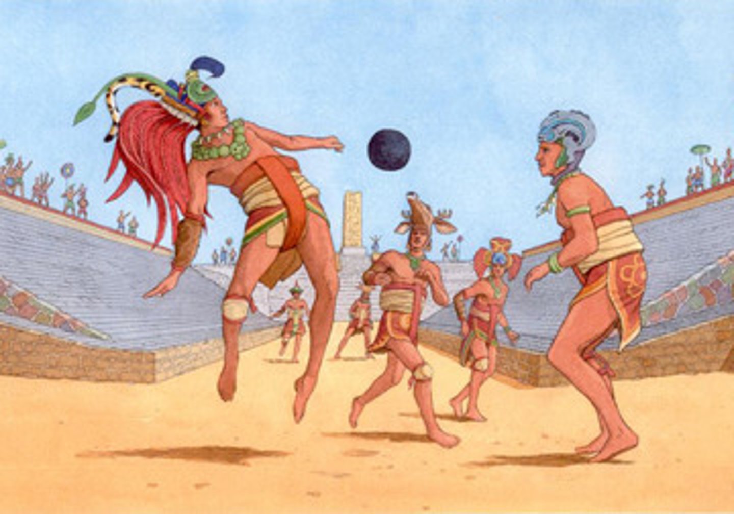 <p>Mesoamerican ball game; losing team possibly sacrificed</p>
