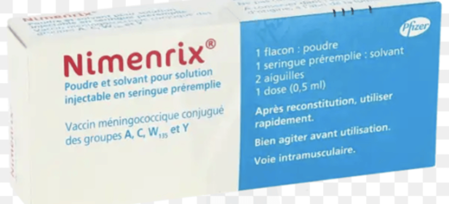 <p>Type de vaccin : 🔹 Vaccins conjugués</p><p>→ Polysaccharides capsulaires A, C, W, Yconjugués à une protéine porteuse (CRM197 ou tétanique).</p><p>→ Induisent une réponse T-dépendante + mémoire immunitaire.</p><p>Adjuvants : Aucun </p><p>→ Le couplage au CRM197 joue le rôle de "pseudo-adjuvant" immunologique.</p><p>Nom d'une spécialité : NIMENRIX</p><p>Obligatoire? : OUI chez le nourrisson depuis le 1er janvier 2025 : x2 doses</p><p>Recommandations : </p><p>- Recommandée chez tous les adolescents âgés de 11 à 14 ans, en utilisant les vaccins tétravalents (Nimenrix ou MenQuadfi ou Menveo) : selon un schéma à x1 dose</p><p>Rattrapage possible jusqu'à 24 ans</p><p>- La vaccination ACWY est recommandée pour les sujets contacts d’un cas d’IIM à partir de 2 ans.</p><p>La vaccination doit être alors réalisée au plus tard dans les dix jours après le dernier contact avec le cas index.</p><p>Schéma vaccinal : x2 doses : à 6 mois puis à 12 mois </p><p>CI : Allergie grave connue à l’un des composants du vaccin</p>