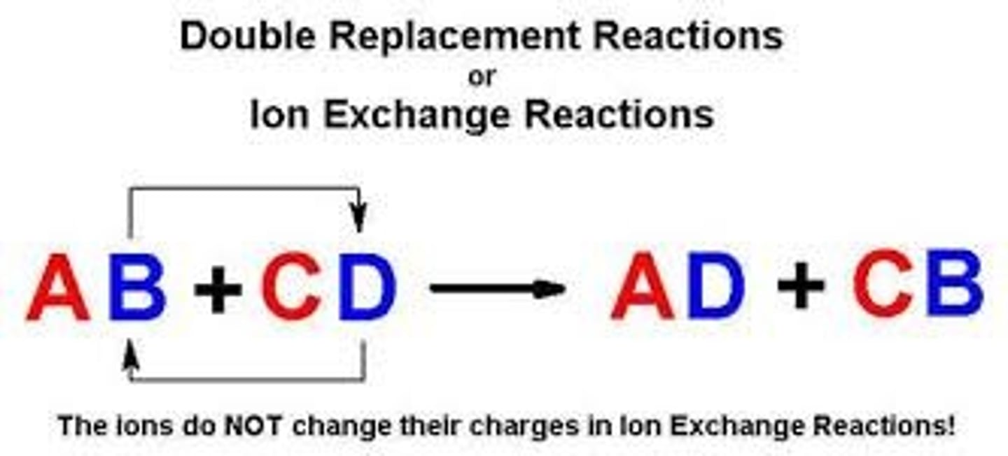 <p>a reaction where 2 ionic compounds exchange their ions to form 2 new ionic compounds</p>