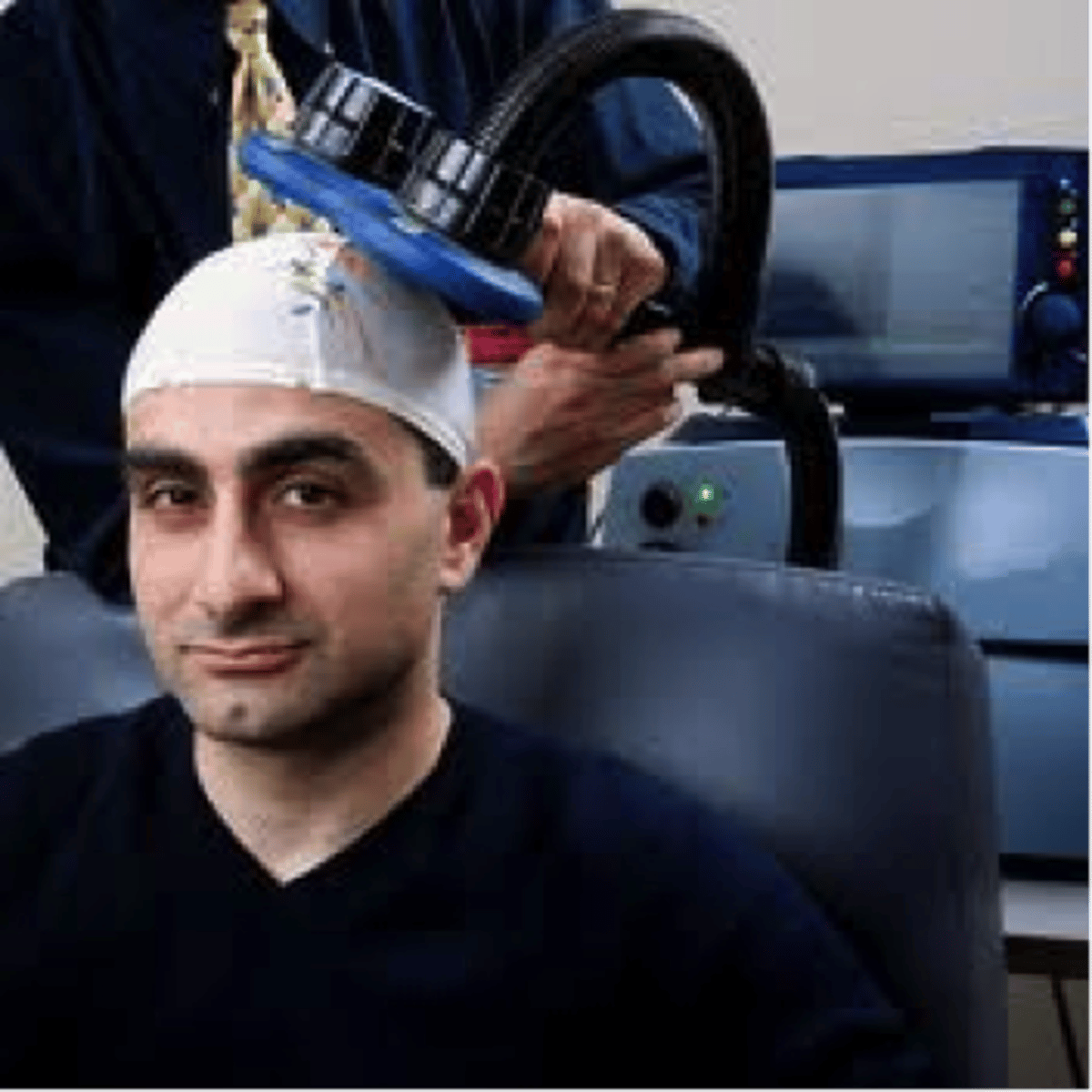 <p>the application of repeated pulses of magnetic energy to the brain; used to stimulate or suppress brain activity</p>