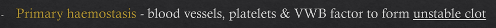 <p>1st haemostasis when BV is damaged but clot is unstable and can be easily washed away</p>