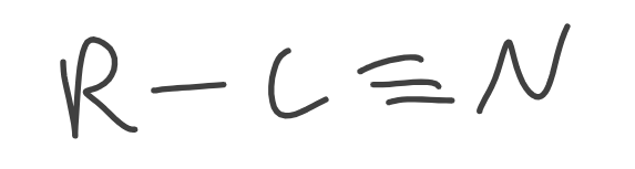 <ul><li><p>Contains a triple bond C to N</p><ul><li><p>R is sp³ hybridized <strong>only </strong></p></li></ul></li></ul><p></p>