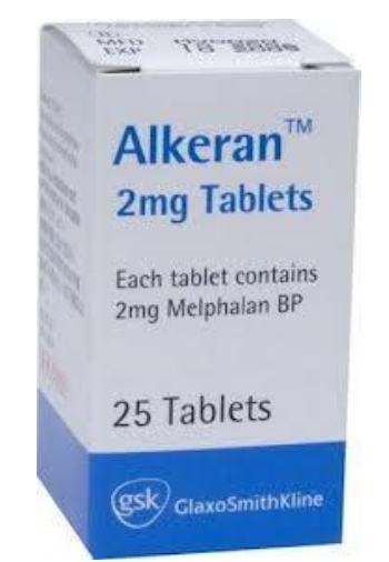 <p><span>melphalan (an oral, alkylating agent)</span><br><br><span>+ prednisone use concurrently</span></p>