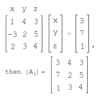 <p>For Ax = b, then</p><p>x<sub>k</sub> = |A<sub>k</sub>| / |A|, for k <span><span>∈</span></span> {1,2,…,n},</p><p>where A<sub>k</sub> is A but k<sup>th</sup> col is replaced by b.</p>