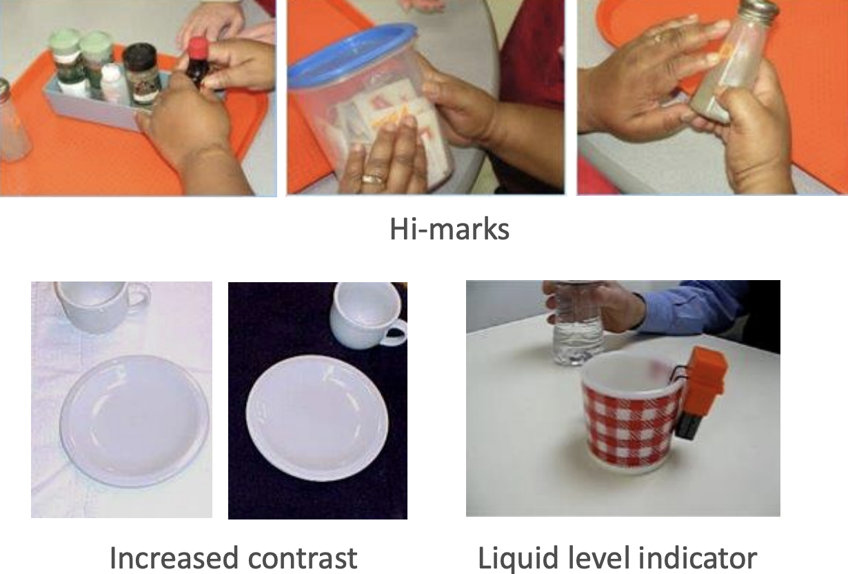 <ul><li><p>tactile makings (“hi-marks”)</p></li><li><p>increased contrast</p></li><li><p>organization techniques </p></li><li><p>techniques for using sharps</p></li><li><p>liquid level indicators (“say when”)</p></li></ul><p></p>