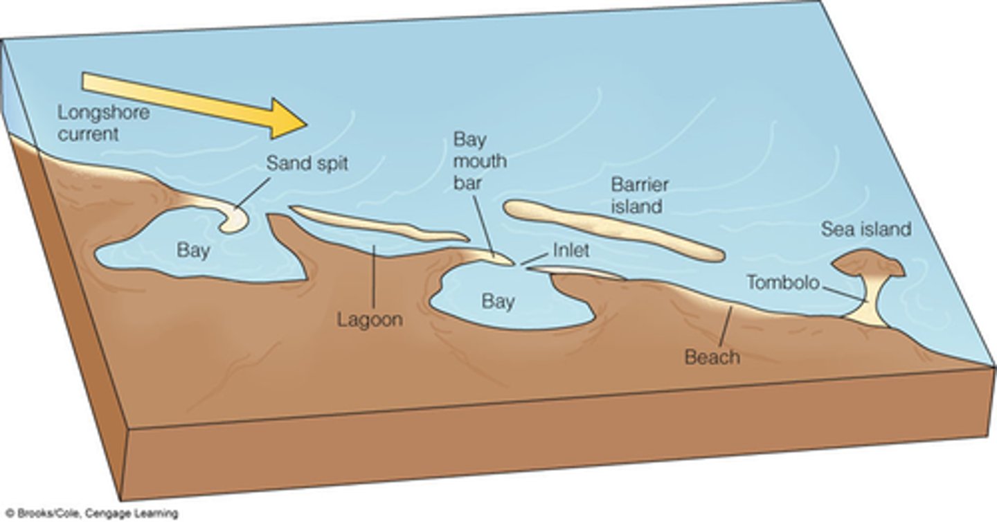<p>= coastal islands which are parallel to the mainland shore <br><br>- pleistocene sediments left over from ice age are washed towards the mainland or longshore drift transports it, forming a split<br><br>e.g., outer banks, North Carolina</p>