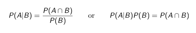 <p>of the event A given the information that event B has occurred is denoted by P(A|B) and equals</p><p>Example: someone rolls a 6 sided die and tells you the result is even. What is the probability it is a 4 given that it is even? (Ans: 1/3) </p>