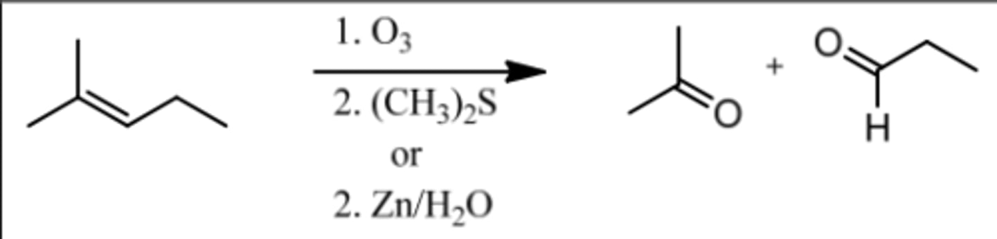 <p>Reagents: 1. O₃</p><p>2. (CH₃)₂S or (Zn/H₂O)</p><p>What's Added: Cleave double bond and add H (Aldehyde) to less substituted C</p>