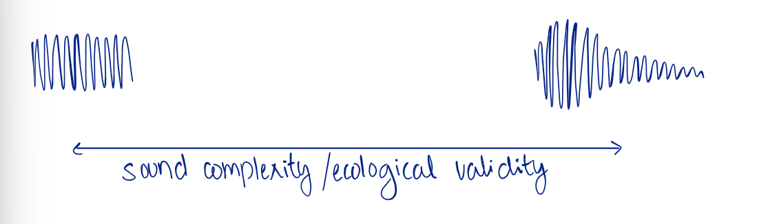 <p>as sound complexity increases, ecological validity increases (and vice versa)</p>