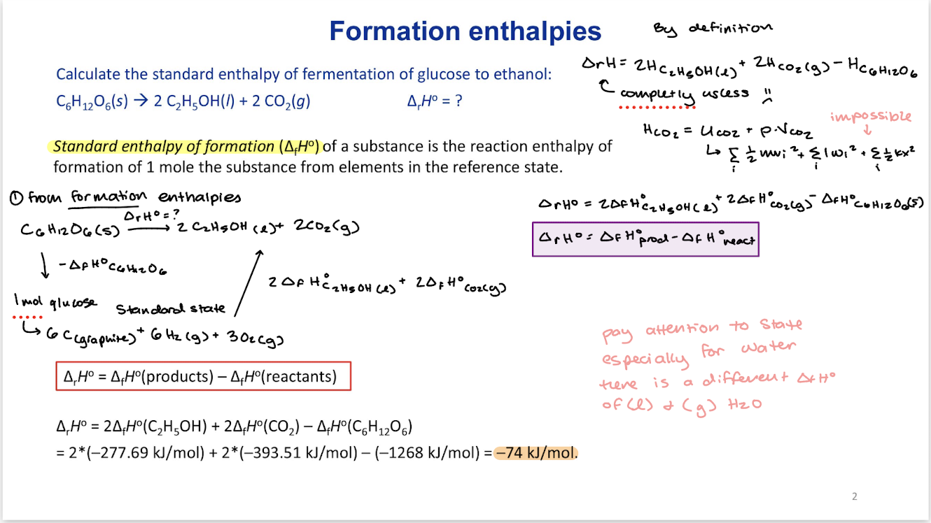 <p>is the reaction enthalpy of formation of 1 mole the substance from elements in the reference state. </p><p>∆<sub>r</sub>H˚=∆<sub>f</sub>H˚(products)-∆<sub>f</sub>H˚(reactants) </p><p>Pay attention to state especially for water since there is a different ∆<sub>f</sub>H˚ of (l) and (g) H<sub>2</sub>O</p><p>if you change pressure ∆<sub>f</sub>H˚ changes</p>