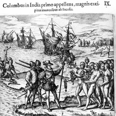 <p>The 1492 landing of Christopher Columbus in the West Indies, engraving circa 1592 by Theodore de Bry, included in The History of America, published in Frankfurt, 1602<br><br><strong>The image provides the clearest evidence for which of the following features of European expansion in the early modern period?</strong></p><p><span><strong>A. The spread of Christianity as a justification for the subjugation of indigenous people</strong></span><strong><br></strong><span><strong>B. The reliance of European colonists as indigenous peoples as sources of information about new territories</strong></span><strong><br></strong><span><strong>C. The rapid adoption of some European technologies by indigenous peoples</strong></span><strong><br></strong><span><strong>D. The creation of hybrid cultures that incorporated both European and indigenous elements</strong></span></p>