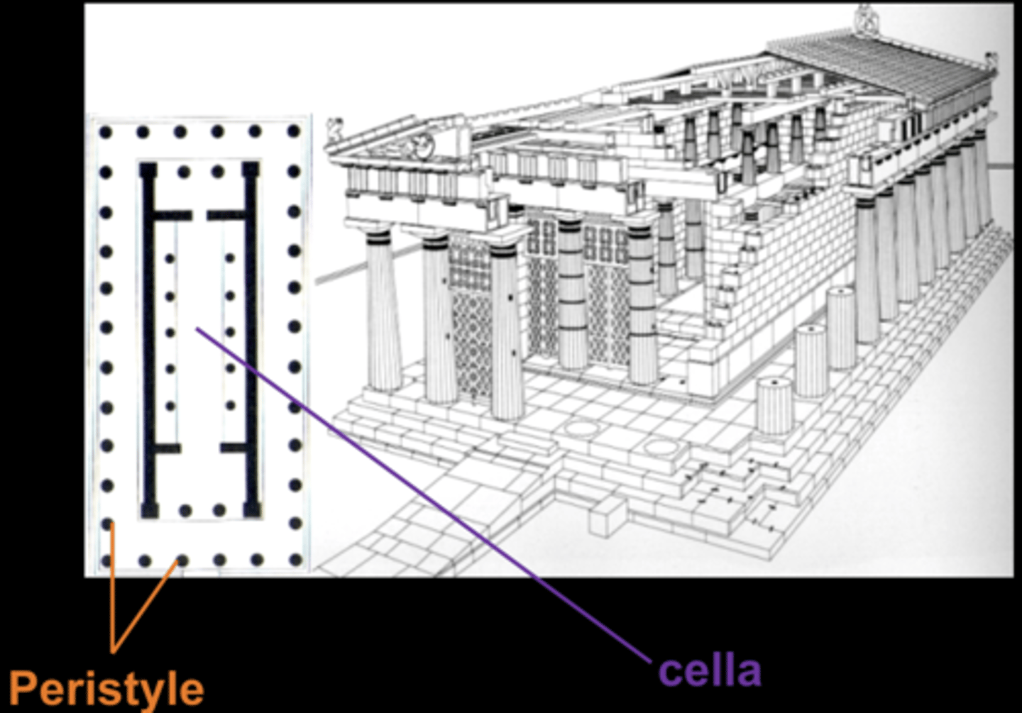 <p>peristyle (stones/columns) surrounding the cella (central hall area)</p>