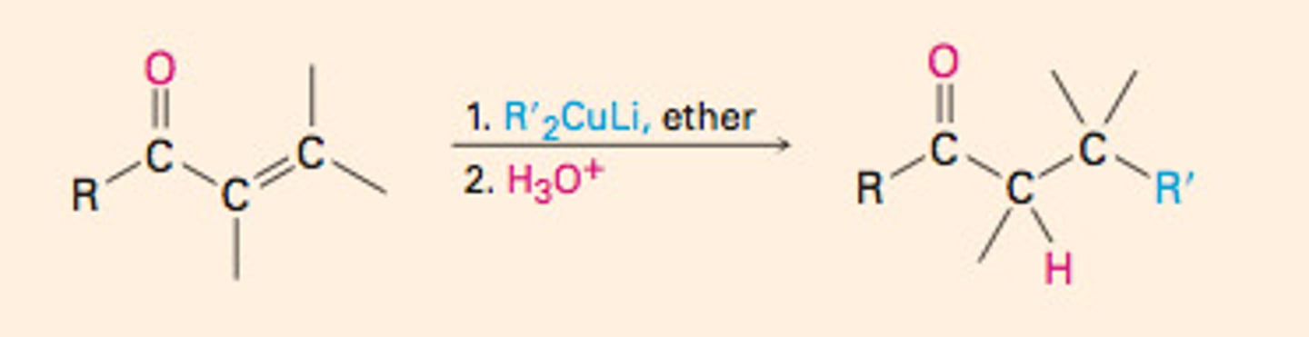 <p>Strongly basic nucleophiles react at the carbonyl carbon</p><p>Less basic nucleophiles react at the beta-carbon (1,4-addition)</p>