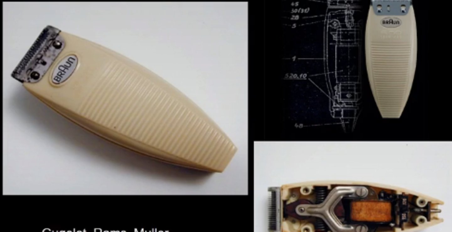 <p>Ergonomic, ridged for stabilization</p><p>Braun electric razor, 1962 (rotating blade)</p><p>Rotating blade to clean</p>