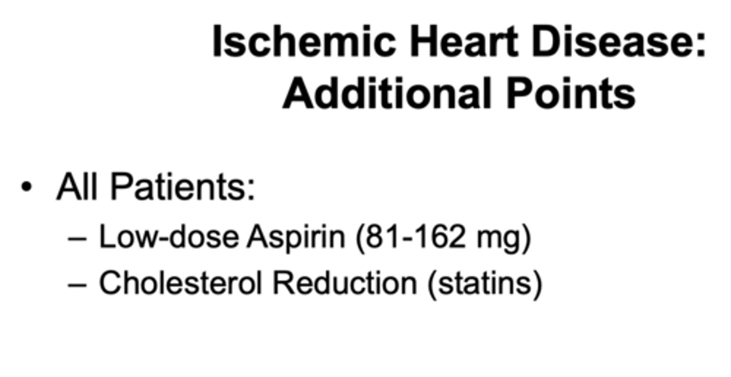 <p>- Low dose aspirin</p><p>- Cholesterol reduction (statins)</p>