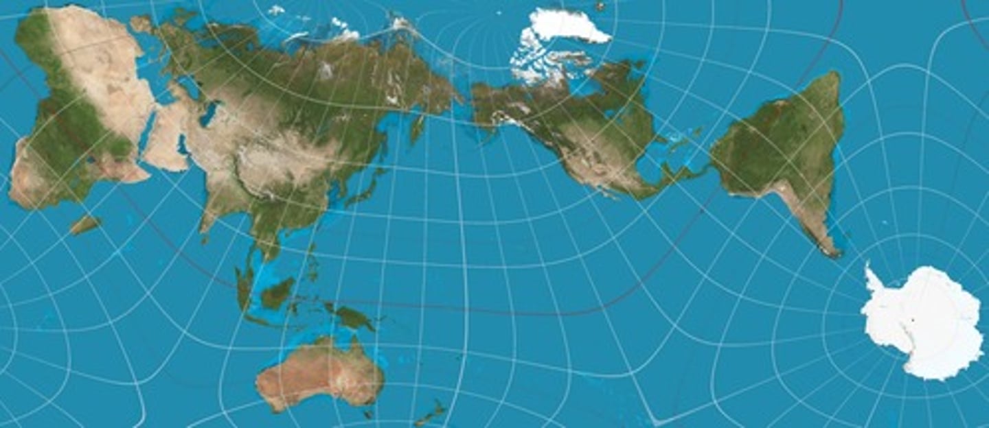 <p>Most accurate map projection, sacrifices map orientation for near perfect area and distance.</p>