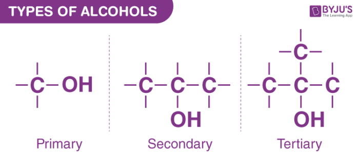 <ul><li><p><strong>Primary Alcohols</strong>: -OH group on a carbon bonded to only <strong>one other carbon</strong> (or none in methanol).</p></li><li><p><strong>Secondary Alcohols</strong>: -OH group on a carbon bonded to <strong>two other carbons</strong>.</p></li><li><p></p></li></ul><p></p>