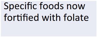 <p>Specific foods now fortified with folate</p><p></p><p>Large red blood cells</p><p>Neural tube defects</p>