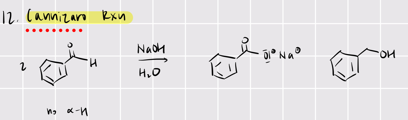 <p>base catalyzed (NaOH): 2 benzaldehyde —&gt; benzoic acid ion + benzoic alcohol</p>