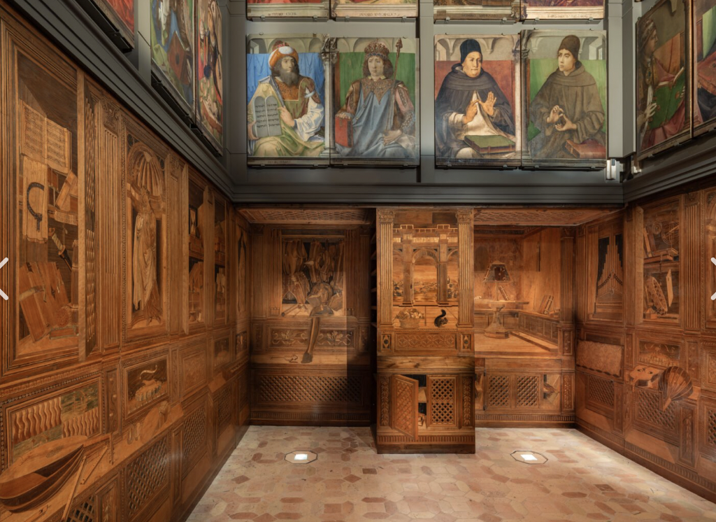 <p>Ducal Palace</p><ul><li><p>Federico da Montefeltro&nbsp;</p></li><li><p>Lord of Urbino and became duke later on</p></li><li><p>The exterior of the palace is unfinished</p></li><li><p>There are round towers that are military architecture protecting the sky</p><ul><li><p>Medieval city gates</p></li></ul></li><li><p>The Palace has simple arches and architecture</p></li><li><p>Why is everything so simple and plain?</p><ul><li><p><span style="background-color: transparent;">“Federico, Duke of Urbino, Count of Montefeltro and Casteldurante….. Raised this residence from the ground up for the glory of himself and his descendants. He, who fought many times in war… victorious in every war, expanded his domain. His justice, clemency, generosity, and morality, in times of peace, equaled and honored his military victories.&nbsp;</span></p></li></ul></li><li><p><span style="background-color: transparent;">Federico’s love for books and his efforts to build a great library are well documented by his librarian, Vespiano da Bisticci, who wrote the Vita di Federico da Montefeltro, the duke’s biography. Before entering Federico’s service, Vespasiano had been the librarian to Cosimo de’ Medici in Florence</span></p></li><li><p><span style="background-color: transparent;">Studiolo</span></p><ul><li><p>Far away from public spaces within the palace but both a private and public space</p></li><li><p>Even though it has no window, is close to the facade</p></li><li><p>Illusion to allow more space</p></li><li><p>Wood gives viewer perspective</p></li><li><p>Federico armour</p><ul><li><p>Just taken off armour and left his active and now devotes himself to religion</p></li></ul></li></ul></li></ul><p></p>