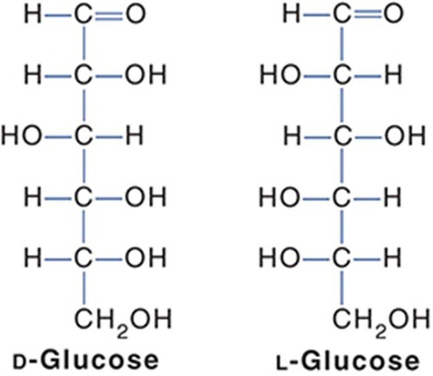 <p>D-Glucose (right) and L-Glucose (left).</p>