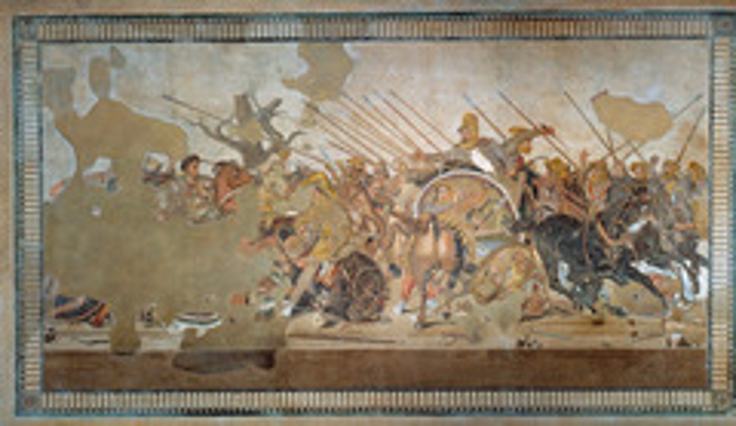 <p>- Battle between Alexander's army and the Persians @ battle of Isis</p><p>- King's guard disarms Alexander so Persian King can escape; king reaches out like he doesn't want to leave soldier behind</p><p>- bow w/ no arrows shows he's helpless; Persian soldier getting trampled w defeated expression -> Sympathy for opponent</p><p>- Sense of respect &amp; sympathy for non-Greeks different from earlier depictions of non-Greeks in Greek art -> supports idea Alexander was trying to create a unified multicultural society</p>