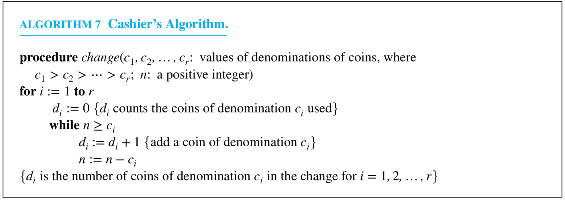 <p>Use the cashier’s algorithm to make change using quarters, dimes, nickels, and pennies for 99 cents</p>