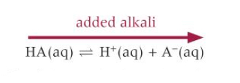<p>[OH-] increases</p><p>The concentration of H+ ions react with the OH- ions to form H2O</p><p>HA dissociates to restore H+ ions</p>