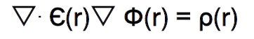 <p>Coulomb does not account for the continuous changing of solvent properties and electrostatics —> Poisson Boltzmann does: it tells us how the electrostatic potential due to distribution of charges varies in space</p><p>$$\epsilon r\left(r\right)$$ = dielectric constant</p><p>$$\phi\left(r\right)$$ = electrostatic potential<br>$$\rho\left(r\right)$$ = charge density</p><p>r = position vector</p><p>They can all vary with position</p><p>Coulomb is just a version of PB where $$\epsilon$$ is constant (independent of position)</p>