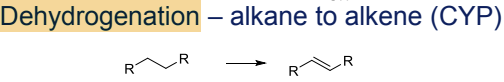 <p><strong>Dehydrogenation </strong>to alkenes, catalyzed by CYP</p>