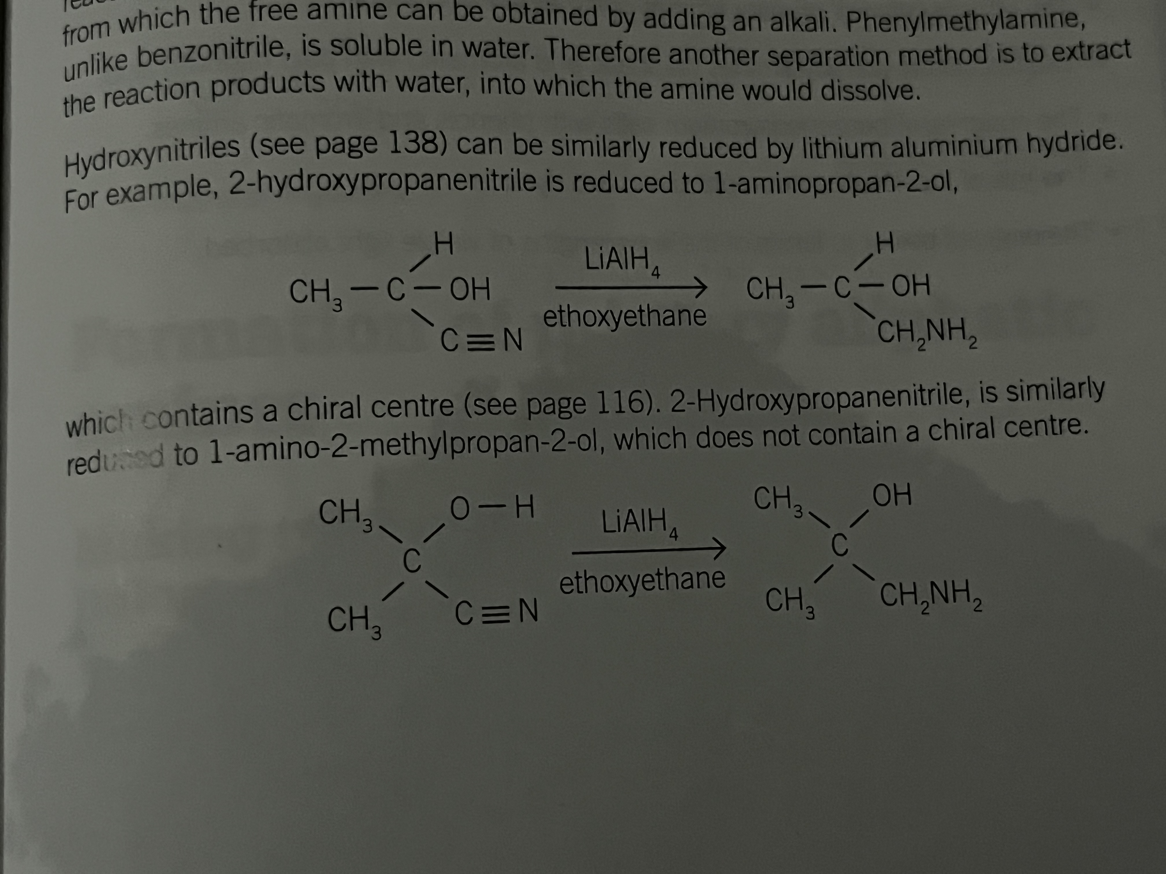 <ul><li><p>Similar and separation of the products by distillation isn't possible</p></li><li><p>primary amines are bases and if hydrochloric acid is added to the reaction mixture phenylmethyl amine will react with the acid to form a water soluble salt</p></li><li><p>from which the free amiine can be obtained by adding an alkali</p></li><li><p>phenylmethylamine is soluble in water</p></li><li><p>adding another separation method is to extract the reaction products with water, into which the amine would dissolve</p></li></ul><p></p>