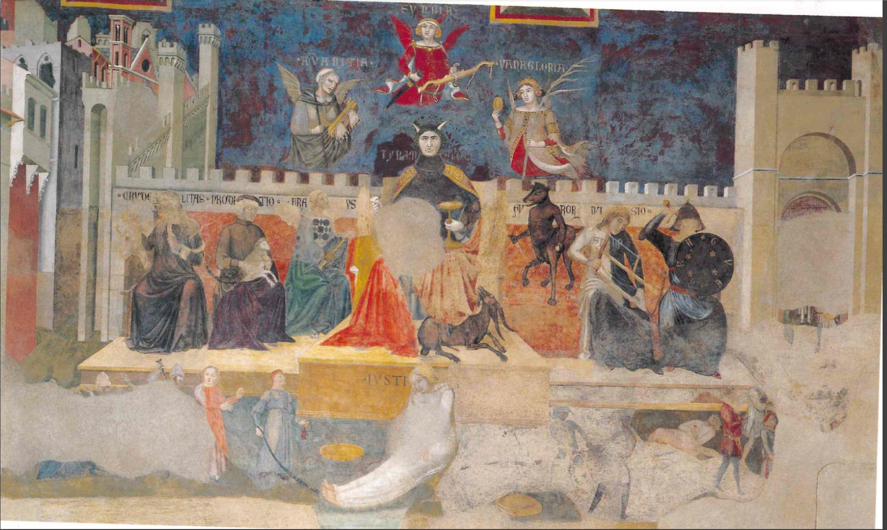 <p>The Allegory of Bad Government - In the middle, the figure of Tyrant; Cruelty, Deceit, Fraud, Fury, Division, and War flank him, and above him float the figures of Avarice, Pride, and Vainglory. Below the tyrant the captive figure of Justice lies bound. Crudelitas (Cruelty): Threatens an infant with a snake, portraying heartlessness and brutality.</p><p class="p1">Proditio (Deceit): A well-dressed man displaying a deceptive creature, resembling a lamb but equipped with a scorpion's tail.</p><p class="p1">Fraus (Fraud): Holds a stick, disguised as an elegant woman with clawed feet, emphasizing deceptive appearances.</p><p class="p1">Furor (Fury): A monstrous figure armed with a stone and a dagger, representing intense and uncontrolled anger.</p><p class="p1">Divisio (Division): Characterized by a saw, draped in a robe with Siena's colors, with the inscription "yes" and "no" symbolizing contradiction.</p><p class="p1">Guerra (War): Depicted as black and poised for action, representing conflict and aggression.</p><p class="p1">Superbia (Pride) is depicted with a dagger and a loose, broken jewel, symbolizing the contrasting virtue of humility</p><p class="p1">Avaritia (Avarice): Illustrated with a harpoon, representing the relentless pursuit of wealth, and two bags tightly clamped in a press.</p><p class="p1">Vanagloria (Vainglory): Adorned in sumptuous attire, the figure gazes into a mirror, revealing a dry branch as a symbol of fleeting and insubstantial glory.</p>