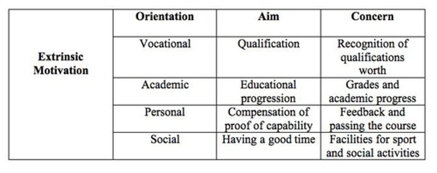 <p>motivation that comes from outside the person and usually involves rewards and praises. Example: Allowance, a raise. Drawbacks: requires reward to be constant.</p>